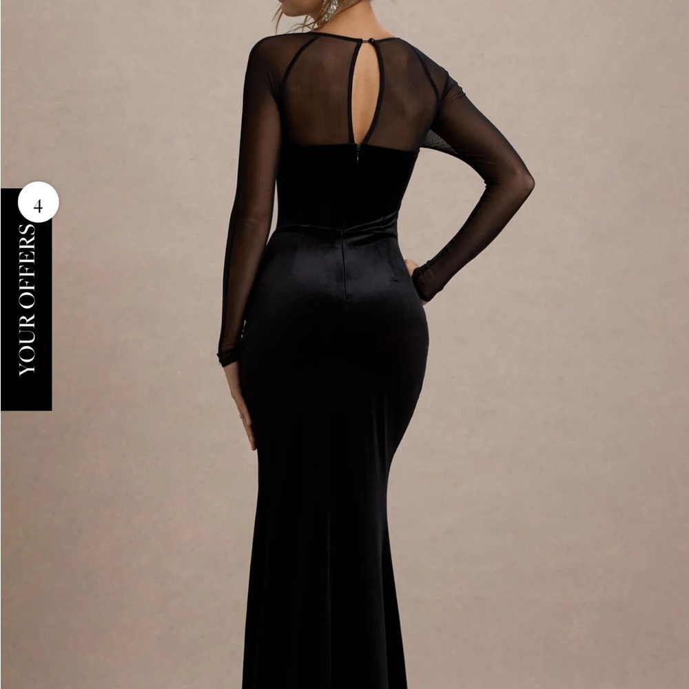 Club L London Black Long Sleeve Mesh Evening Gown with Embellished Bandeau - Picture 2 of 9